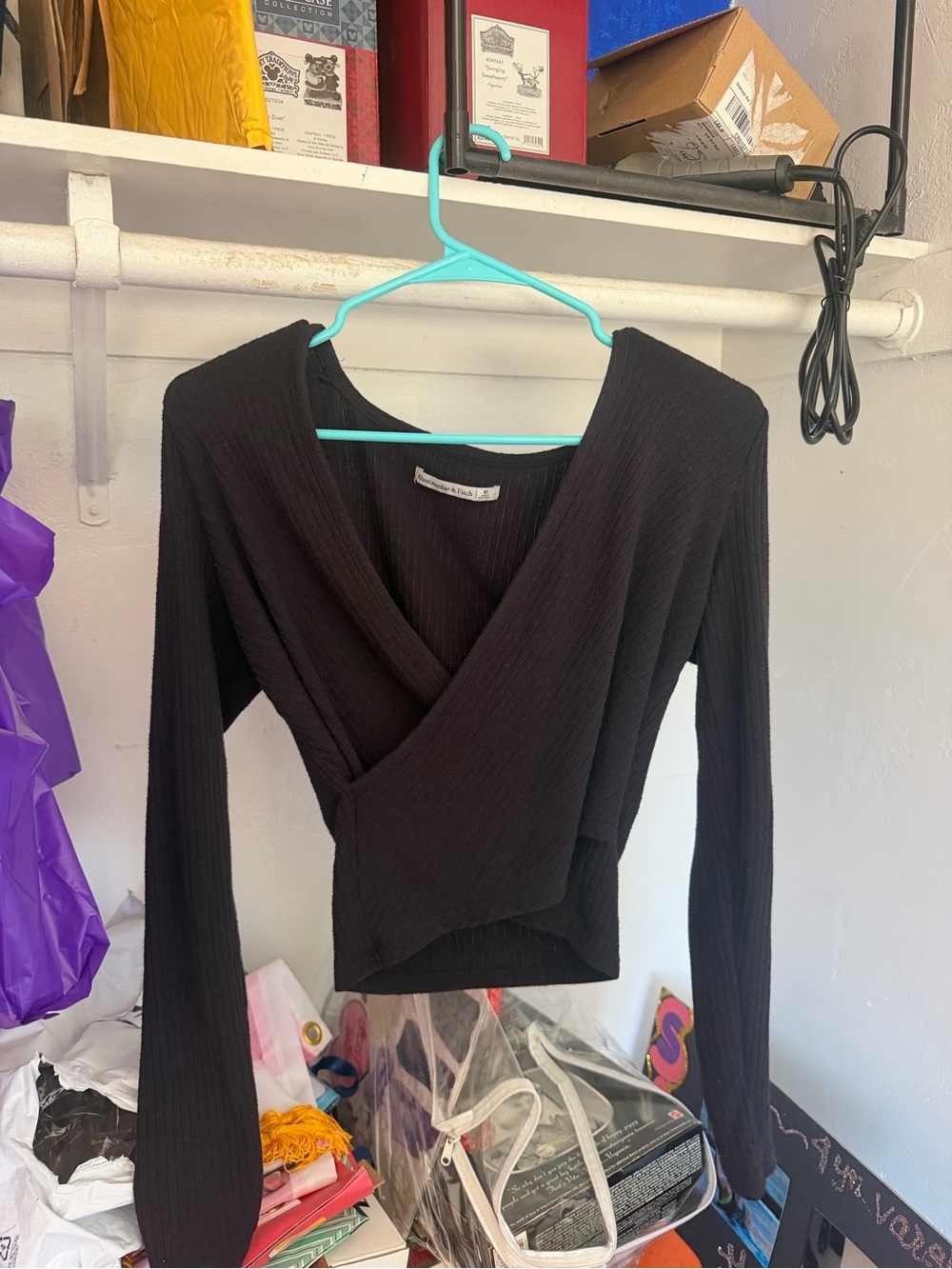 Abercrombie & Fitch Black Ribbed Wrap Crop Top